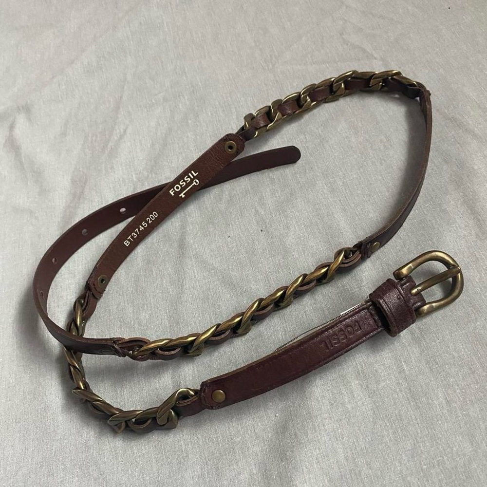 Fossil Skinny Brown Leather Belt with Brass Chain Detail